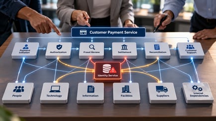 Critical services mapping of end-to-end customer payment processes and business dependencies, highlighting a shared identity service as a potential single point of failure.