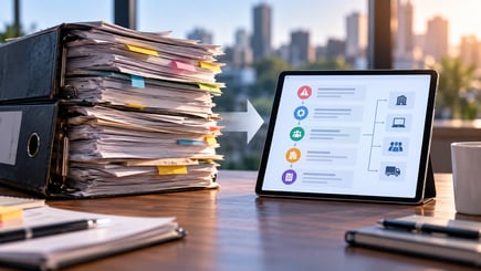 Traditional paper-heavy business continuity recovery plans contrasted with a modern, streamlined digital recovery plan designed for practical, impact-based recovery planning.