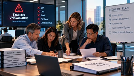 Business continuity and IT teams preparing for recovery from AI-assisted cyber threats and major technology outages.