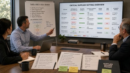 Critical supplier vetting meeting reviewing supplier dependencies, continuity evidence, recovery capabilities, risk levels, and alternate sources.