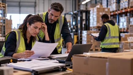 Warehouse employees reviewing recovery procedures and inventory records while struggling to execute a manual workaround, highlighting overlooked details in business continuity planning.