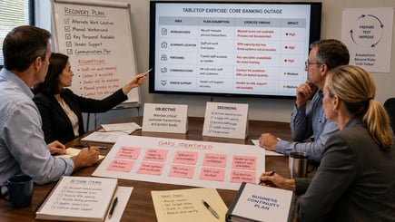 Business continuity team reviewing a recovery plan, hidden assumptions, dependencies, and testing gaps before an outage.