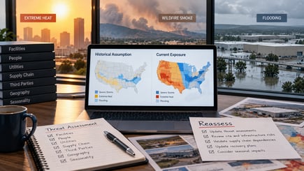 Threat assessment comparing historical weather assumptions with current exposure to extreme heat, wildfire smoke, and flooding across business operations.