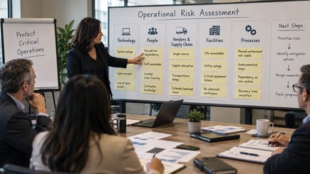MHA consultant leads an executive operational risk assessment covering technology, people, vendors and supply chain, facilities, and processes.